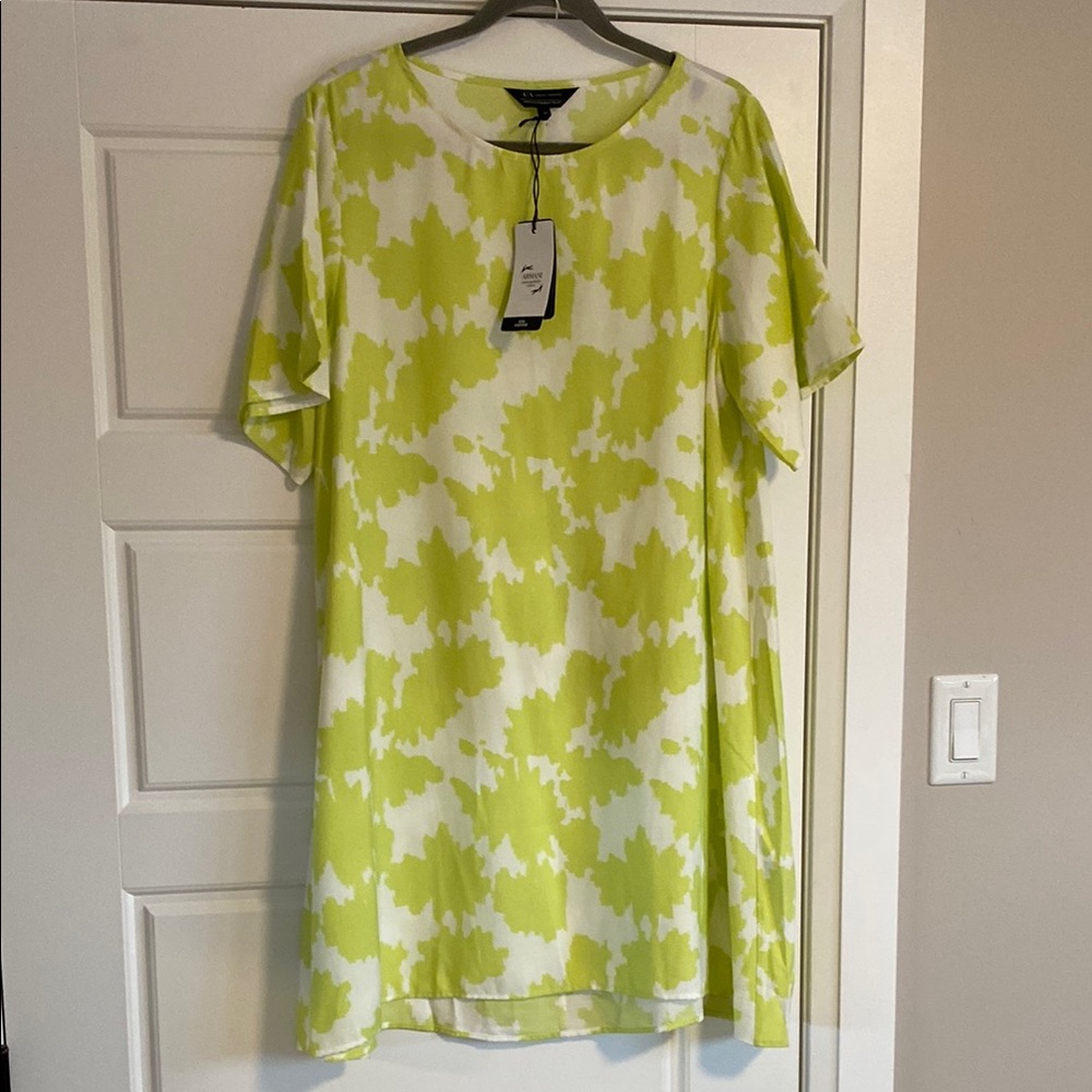 Armani Exchange Lime Green and White Patterned Shift Dress Size 10 fits larger